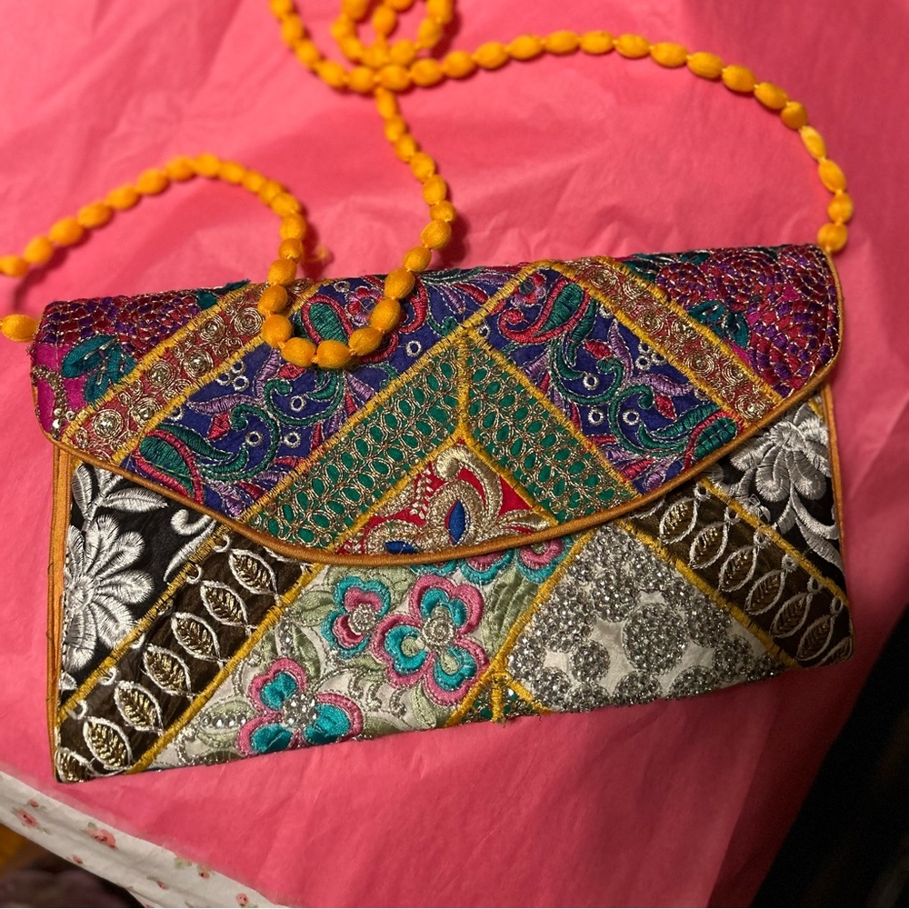 Beautiful Colorful Whimsical Embroidered Clutch with Crossbody Strap
